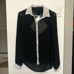 Sheer black button down w/ white trim